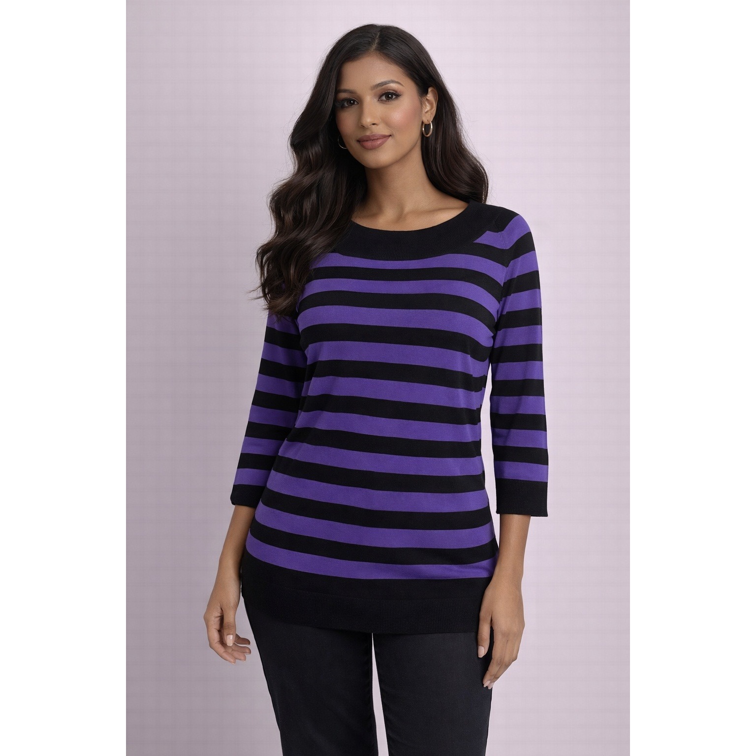 Joseph A- Black And Purple Striped Long Sleeve Top Size L